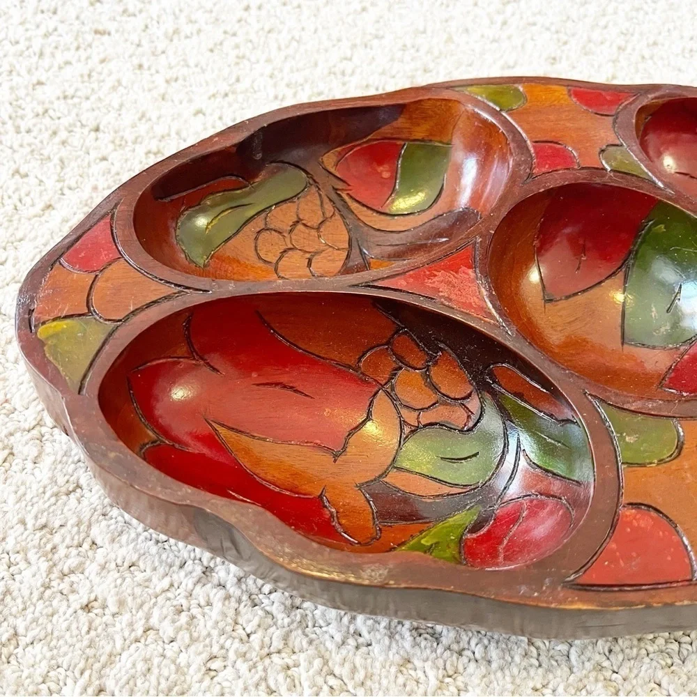 Vintage Mid Century Wooden Serving Bowl Snack Platter Boho Exotic Divided Carved